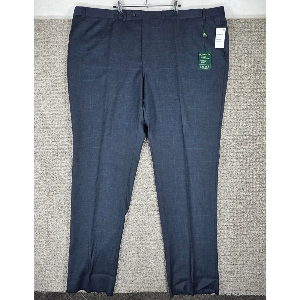 Lauren Ralph Lauren Mens Navy Blue Wool Plaid Ultraflex Dress Pants 52W UNHEMMED